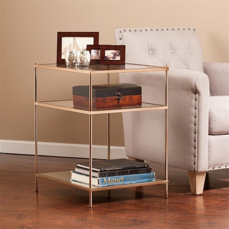 Homeroots 27 in. Glass & Iron Square Mirrored End Table with Shelf Gold 402479